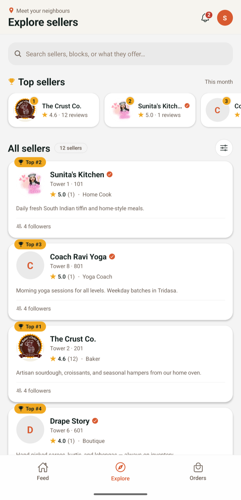 Explore sellers screen ranking the society's top sellers with ratings and reviews