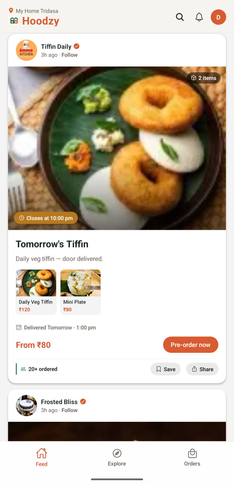 A tiffin preorder post with closing timer, item prices and a pre-order button