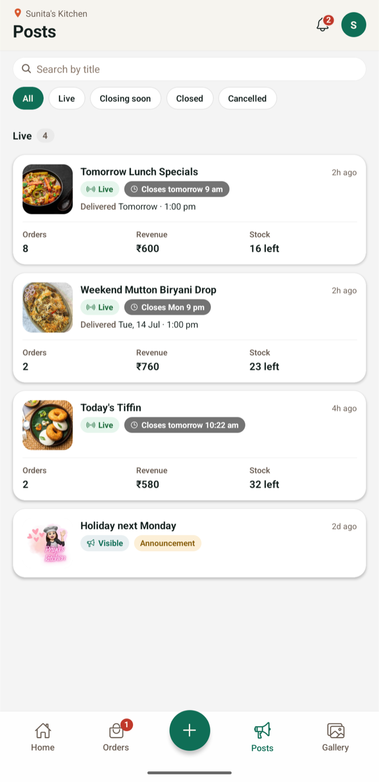 Seller dashboard listing live posts with orders, revenue and stock per batch